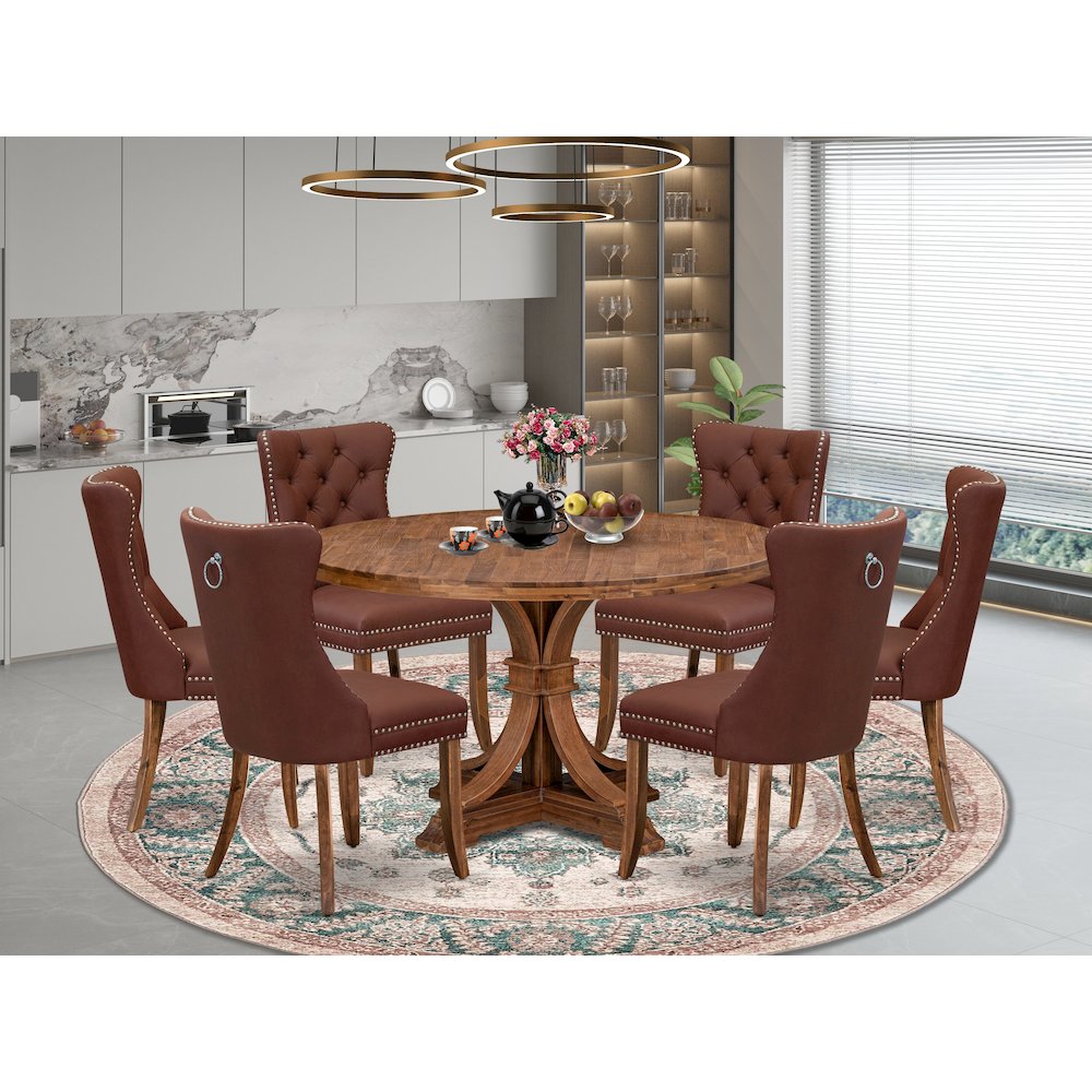 7-Pc Modern Dining Table Set Contain A Room Table And 6 Burgundy Padded Chairs. Picture 2