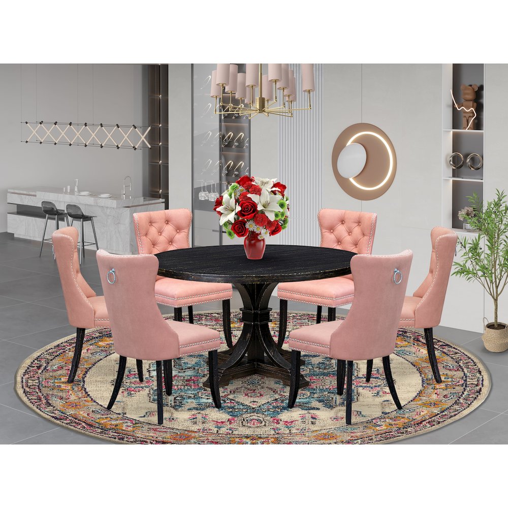7 Piece Dining Set Contains 54" Round Kitchen Table In Beige Red Color. Picture 2
