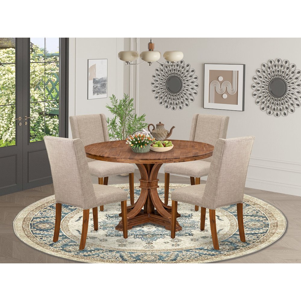 5-Piece Kitchen Table Set Of A Dinner Table, 4 Light Tan Fabric Dinner Chairs. Picture 2