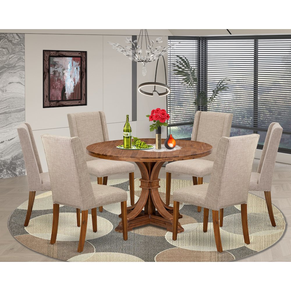 7-Piece Dining Room Set A Dinning Table, 6 Light Tan Linen Fabric Dining Chairs. Picture 2