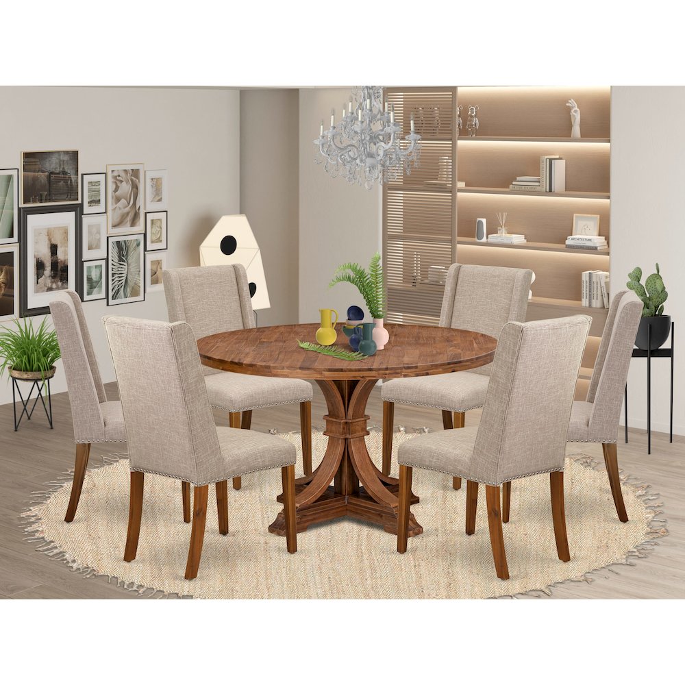 7-Piece Mid-Centrury Dining Set A Wood Table, 6 Light Tan Fabric Parsons Chair. Picture 2