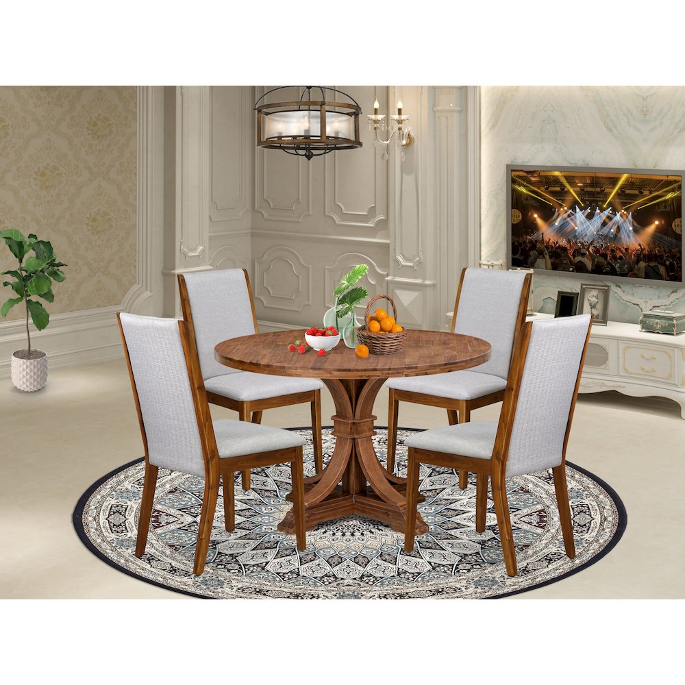 5-Pc Dining Set A Pedestal Breakfast Table, 4 Grey Linen Fabric Modern Chairs. Picture 2