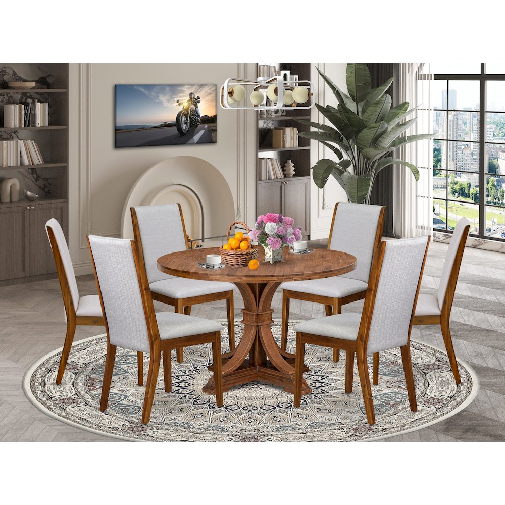 7-Pc Dining Room Set Of A Pedestal Kitchen Table, 6 Grey Fabric Dinner Chairs. Picture 2
