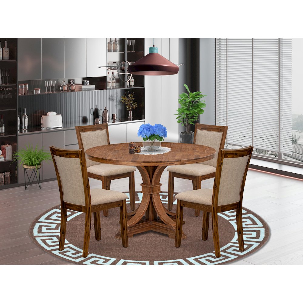 5-Pc Kitchen Set A Pedestal Dining Table, 4 Light Tan Linen Fabric Padded Chairs. Picture 2
