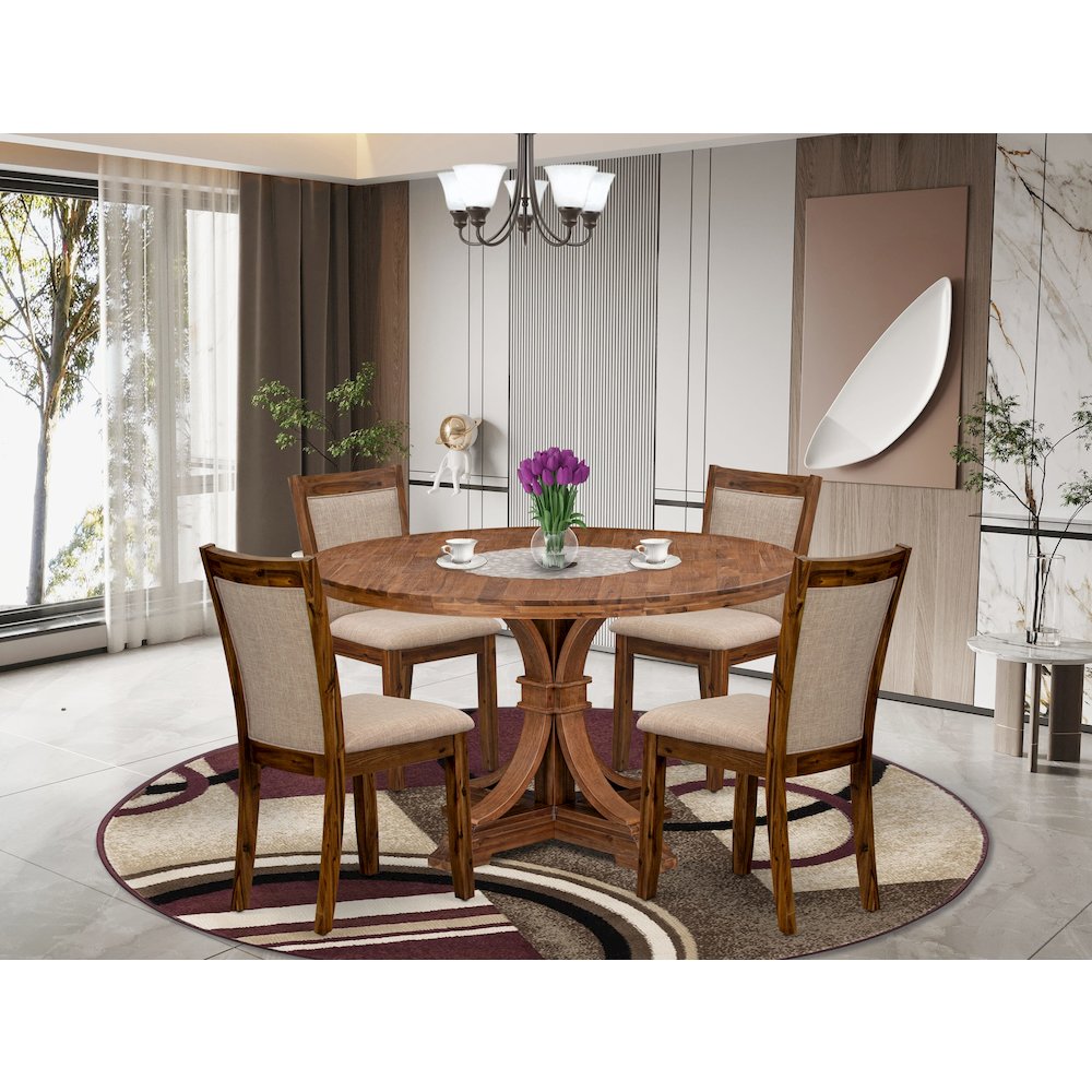 5-Pc Dining Room Set A Pedestal Round Table, 4 Light Tan Fabric Padded Chairs. Picture 2