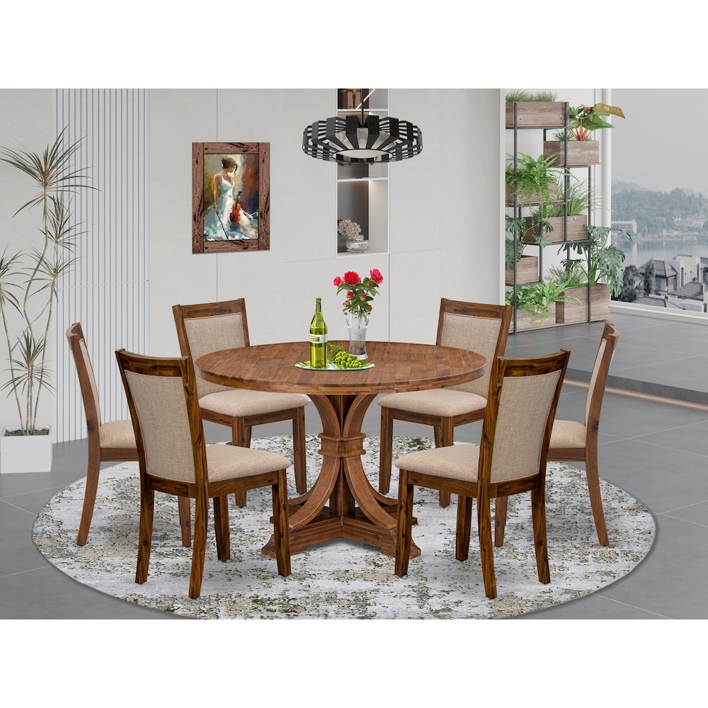 7-Pc Dining Room Set Of A Pedestal Dining Table, 6 Light Tan Parson Chairs. Picture 2
