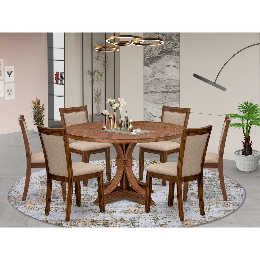 7-Pc Dining Set Of A Pedestal Dining Table, 6 Light Tan Fabric Dining Chairs. Picture 2