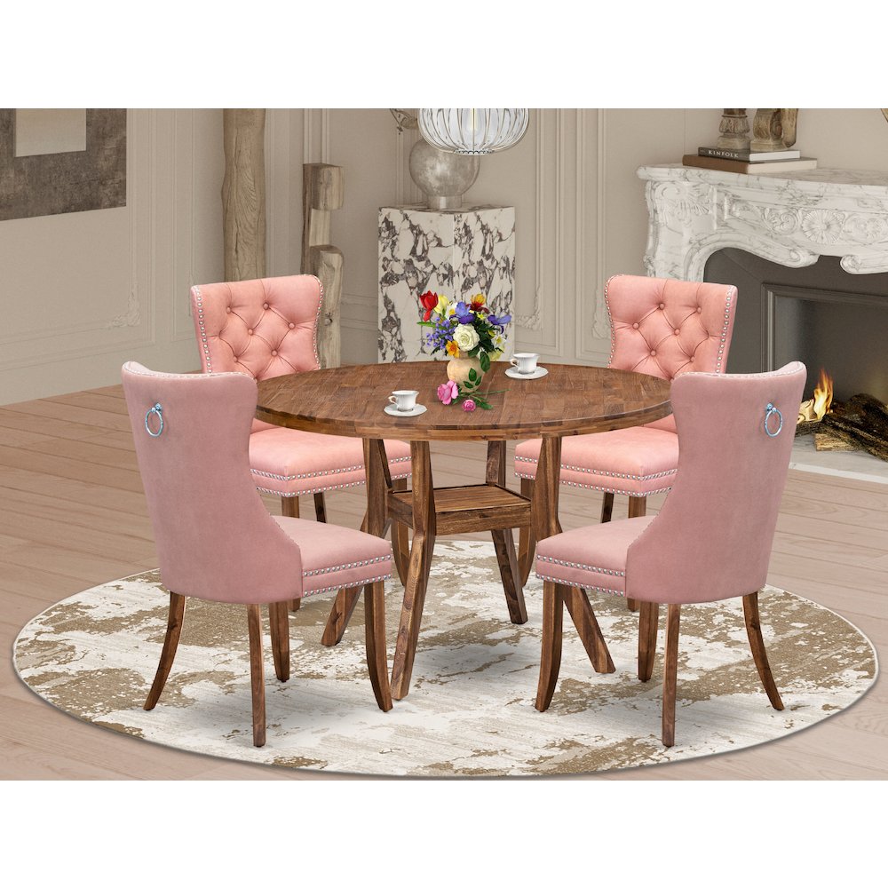 5-Pc Dinner Table Set Contain A Wooden Table And 4 Beige Red Upholstered Chairs. Picture 2