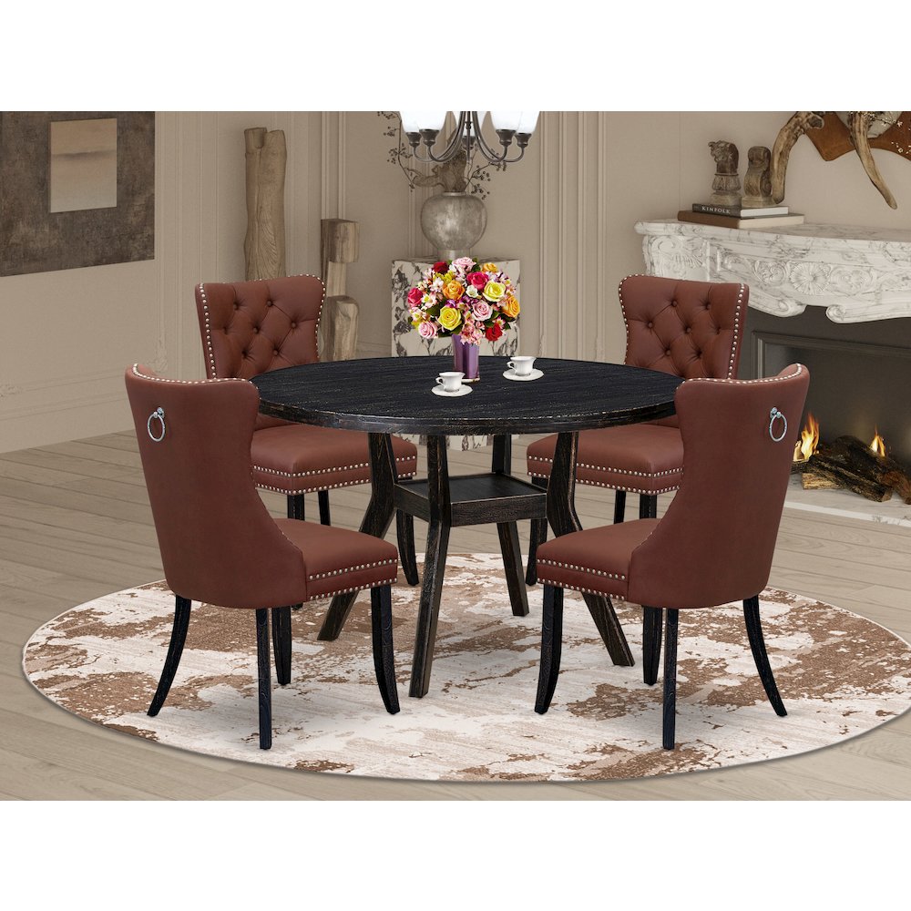 5 Piece Dining Table Set Consists Of 48" Round Table In Burgandy Color. Picture 2