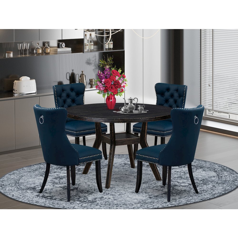 5 Piece Dining Table Set Consists Of 48" Round Table In Navy Blue Color. Picture 2