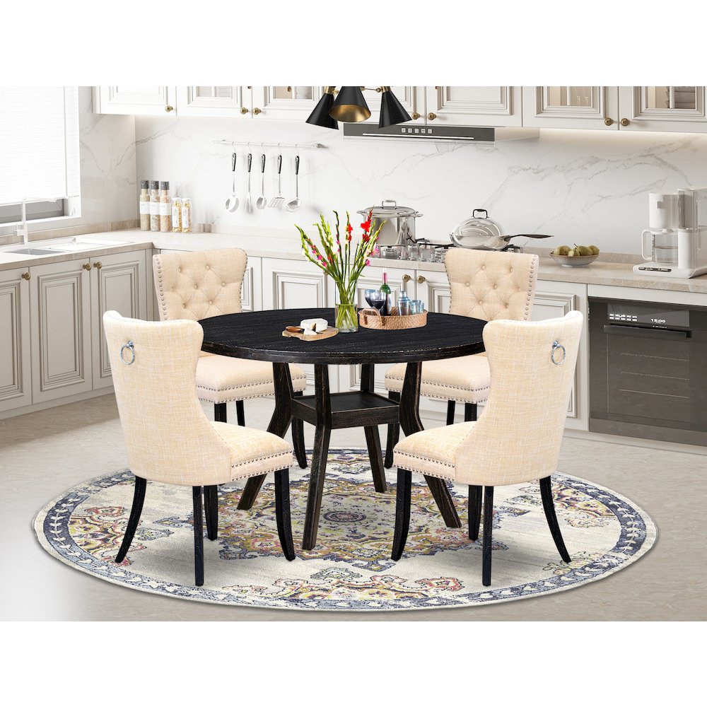 5-Pc Dining Room Set A Dining Table, 4 Light Beige Linen Fabric Dining Chair. Picture 2