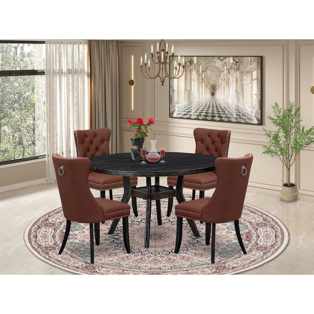 5 Piece Dining Table Set Consists Of 54" Round Table In Burgandy Color. Picture 2