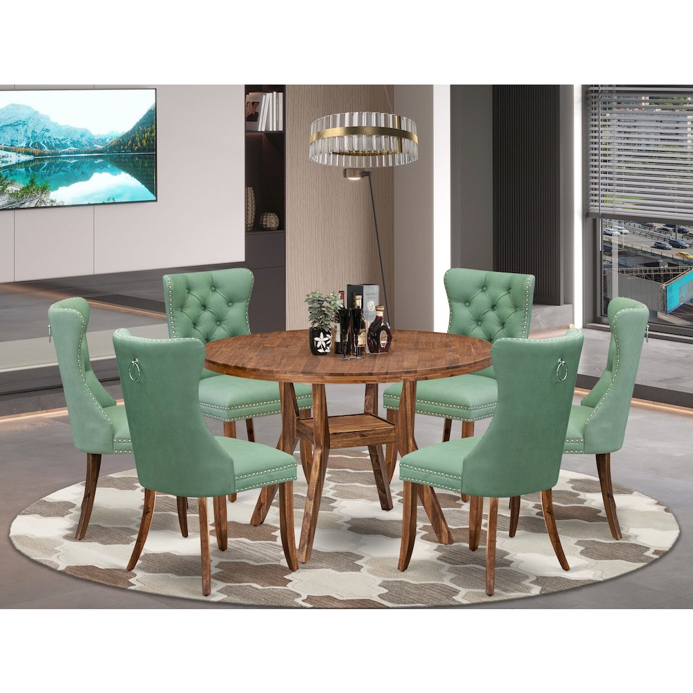 7-Pc Kitchen Table Set Include A Table And 6 Willow Green Upholstered Chairs. Picture 2