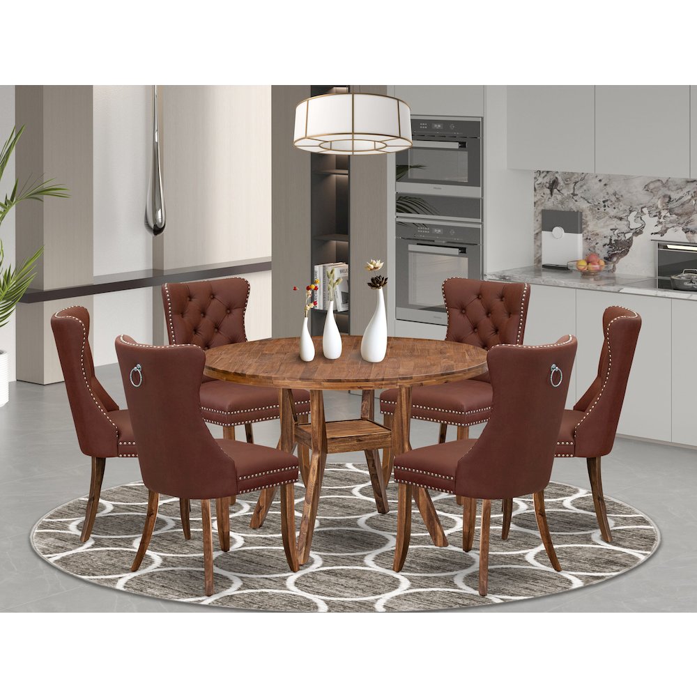 7-Pc Dining Room Set Include A Modern Table And 6 Burgundy Upholstered Chairs. Picture 2