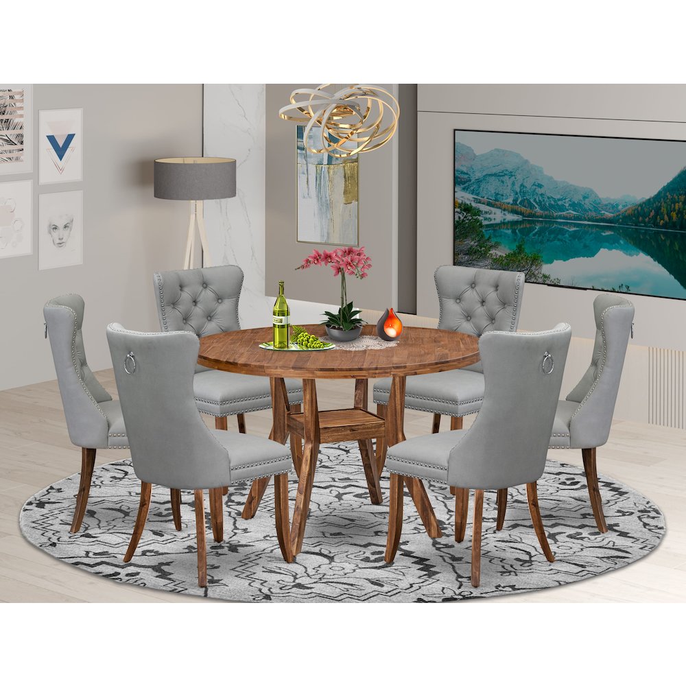 7-Pc Mid Century Dining Set Include A Modern Table, 6 Light Gray Padded Chairs. Picture 2