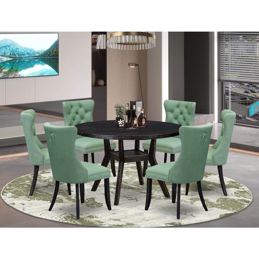 7 Piece Dinette Set Contains 48" Round Table In Willow Green Color. Picture 2