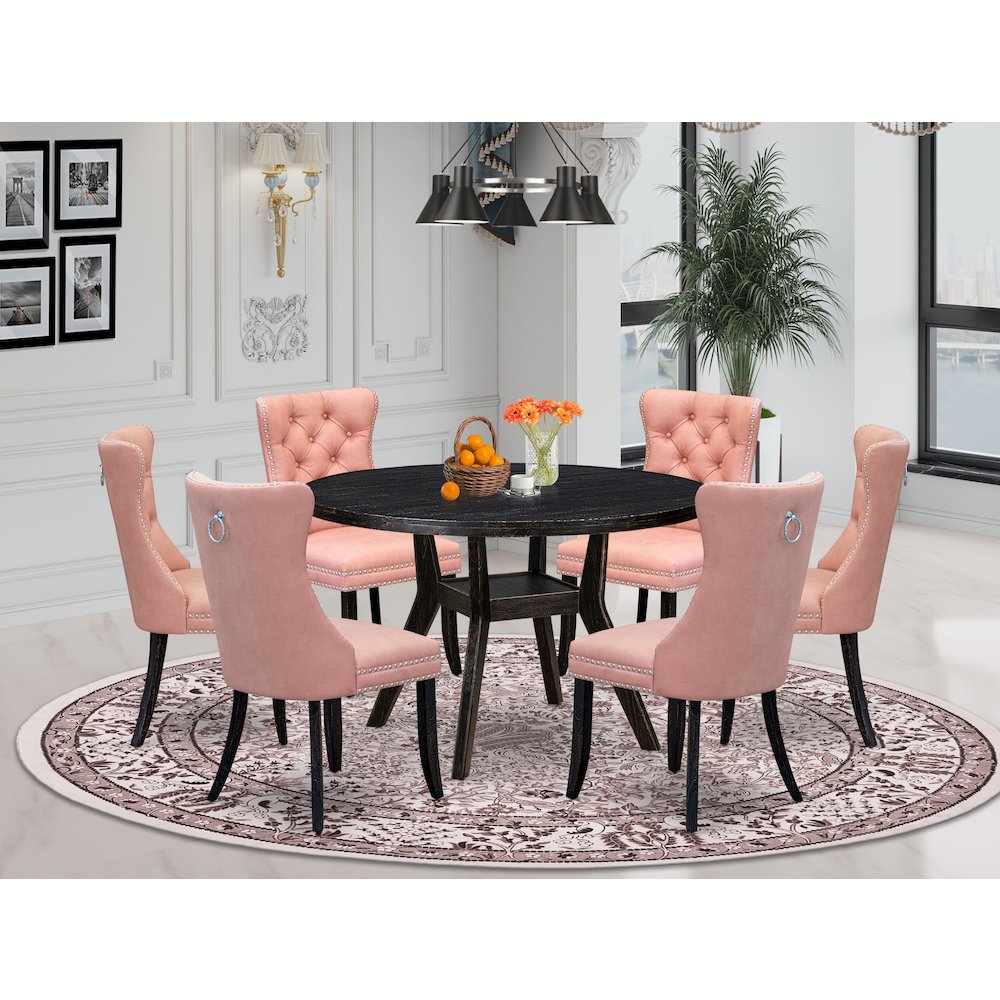 7 Piece Dining Set Contains 48" Round Kitchen Table In Beige Red Color. Picture 2
