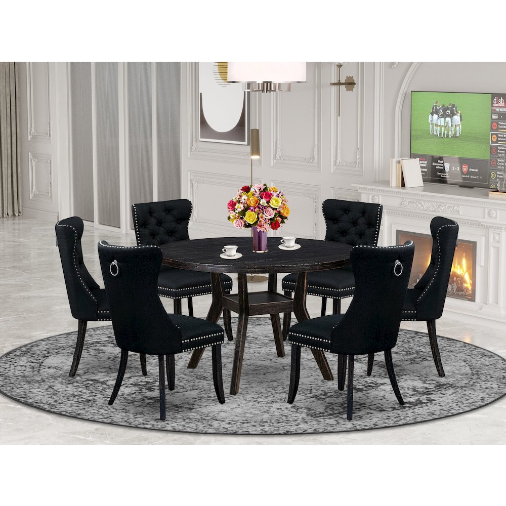 7-Piecemodern Dining Set Of A Wood Table, 6 Black Linen Fabric Modern Chair. Picture 2
