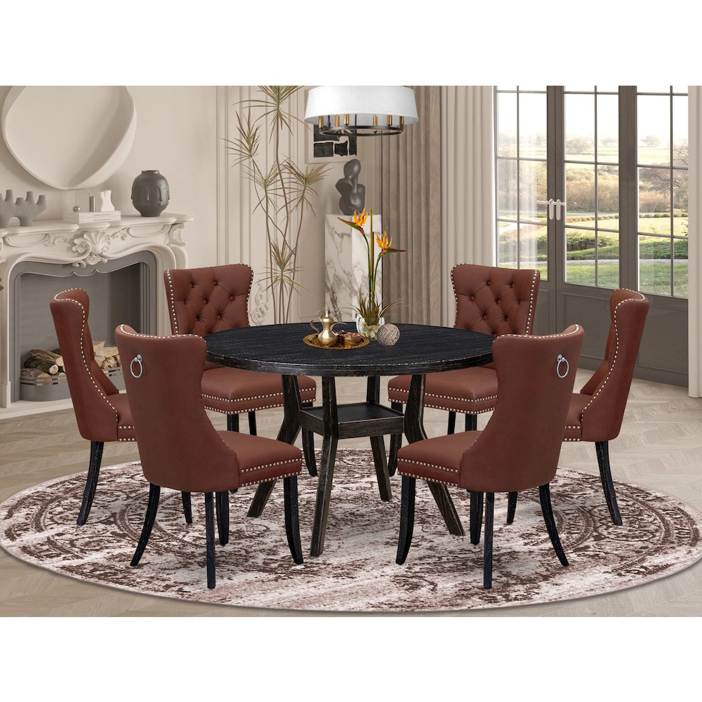 7 Piece Dining Table Set Contains 48" Round Table In Burgandy Color. Picture 2