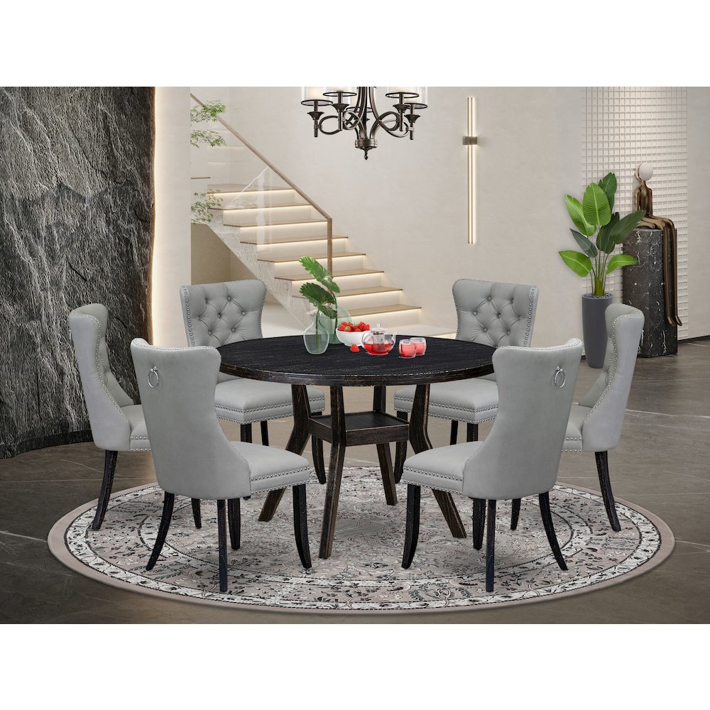 7 Piece Dining Table Set Contains 48" Round Table In Light Gray Color. Picture 2