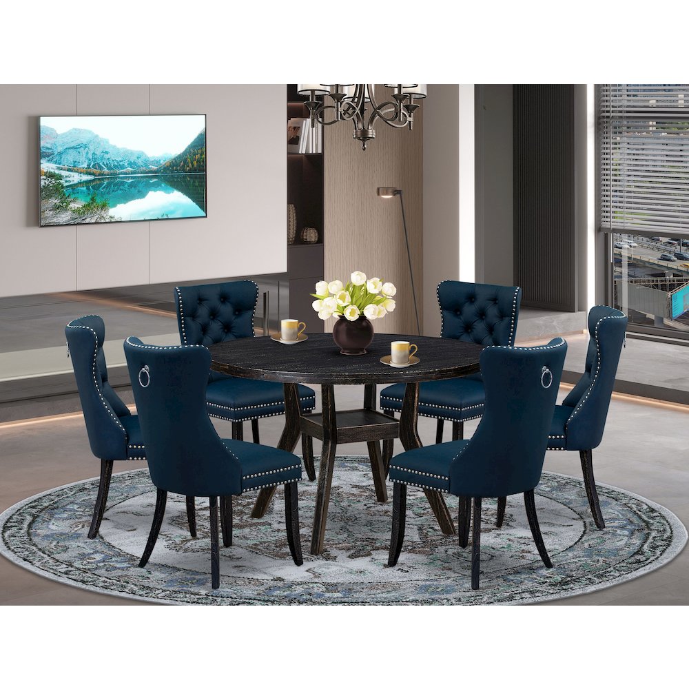 7 Piece Dining Table Set Contains 48" Round Table In Navy Blue Color. Picture 2
