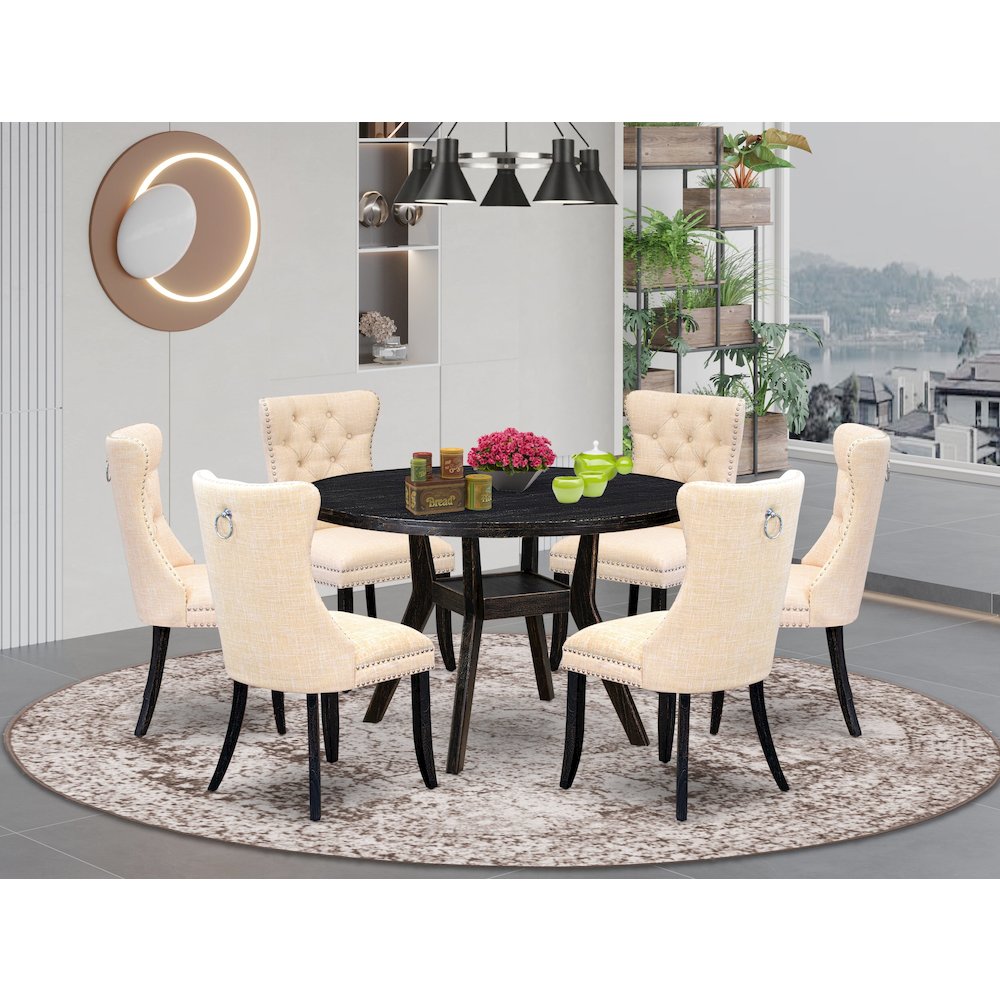 7-Piece Kitchen A Dining Table And 6 Light Beige Linen Fabric Dinner Chairs. Picture 2