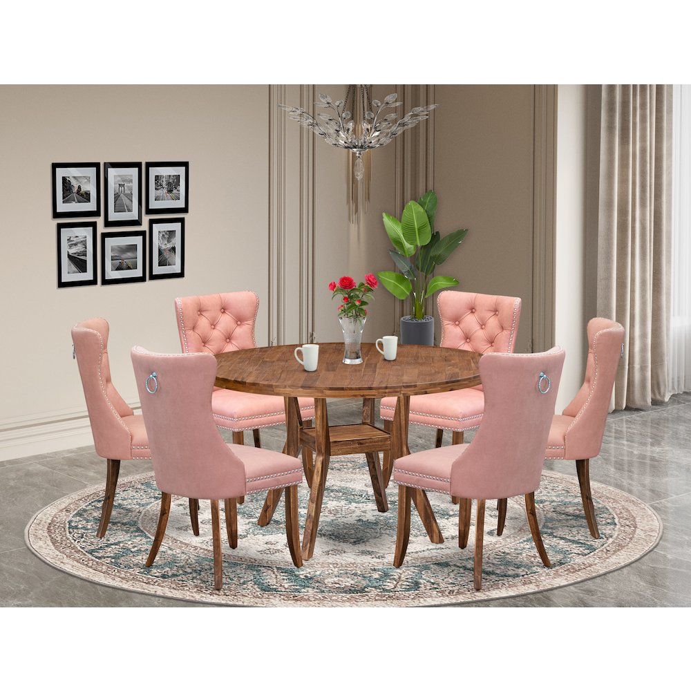 7-Pc Dining Room Set Consist A Dinner Table And 6 Beige Red Upholstered Chairs. Picture 2