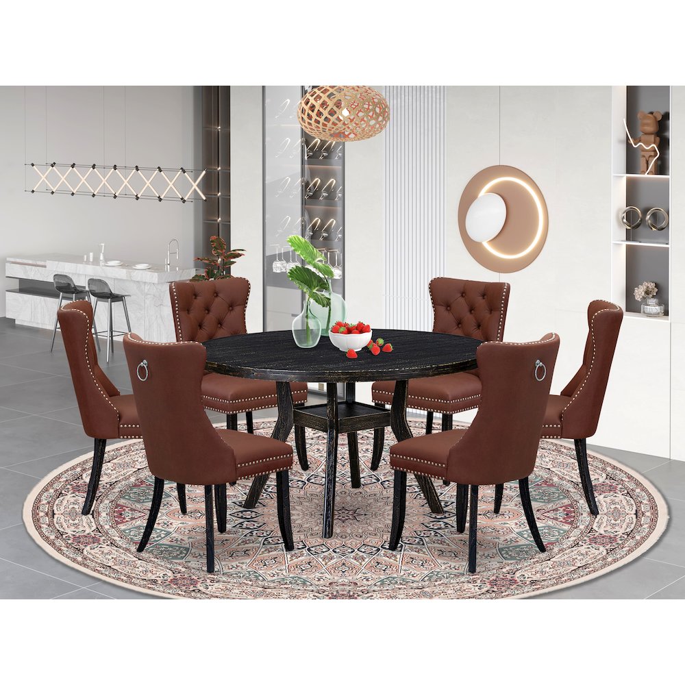 7 Piece Dining Table Set Contains 54" Round Table In Burgandy Color. Picture 2