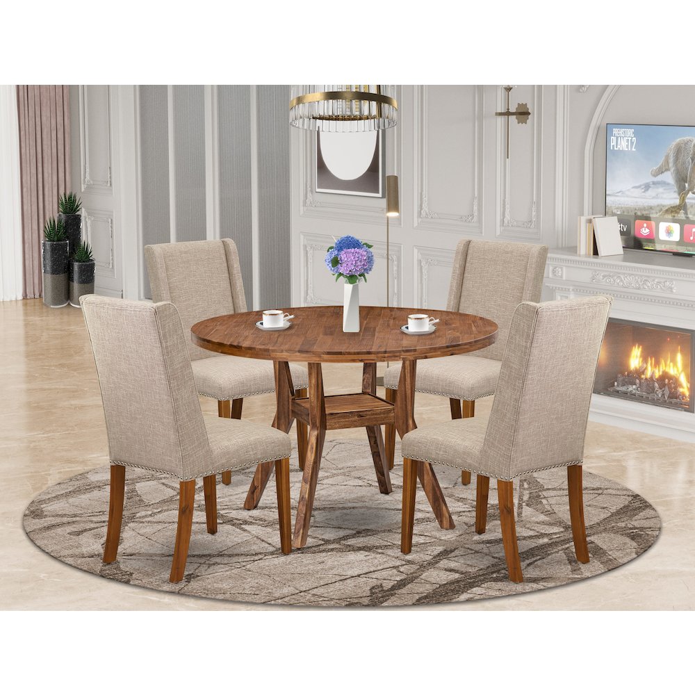 5-Piece Dining Table Set A Modern Table, 4 Light Tan Fabric Upholstered Chairs. Picture 2