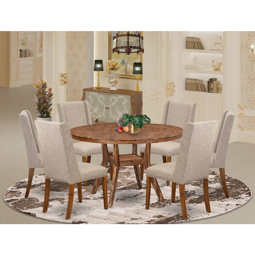 7-Piece Dinette Set Of A Wood Dining Table, 6 Light Tan Dining Room Chairs. Picture 2