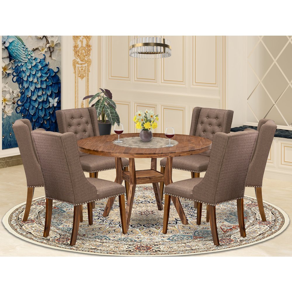 7-Pc Dining Room Set A Wood Dining Table, 6 Brown Linen Fabric Padded Chairs. Picture 2