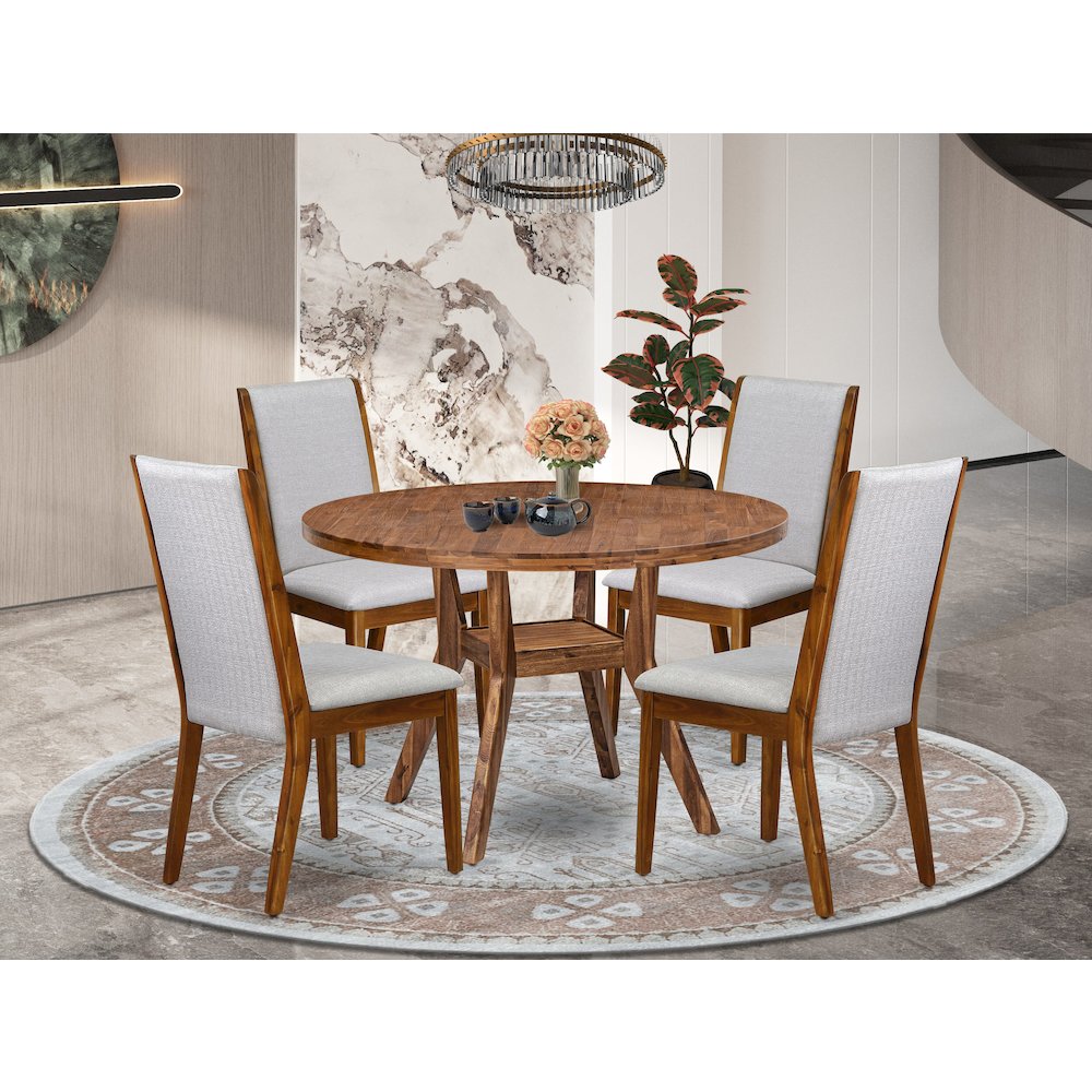 5-Pc Mid-Century Kitchen Set A Pedestal Table, 4 Grey Fabric Kitchen Chairs. Picture 2