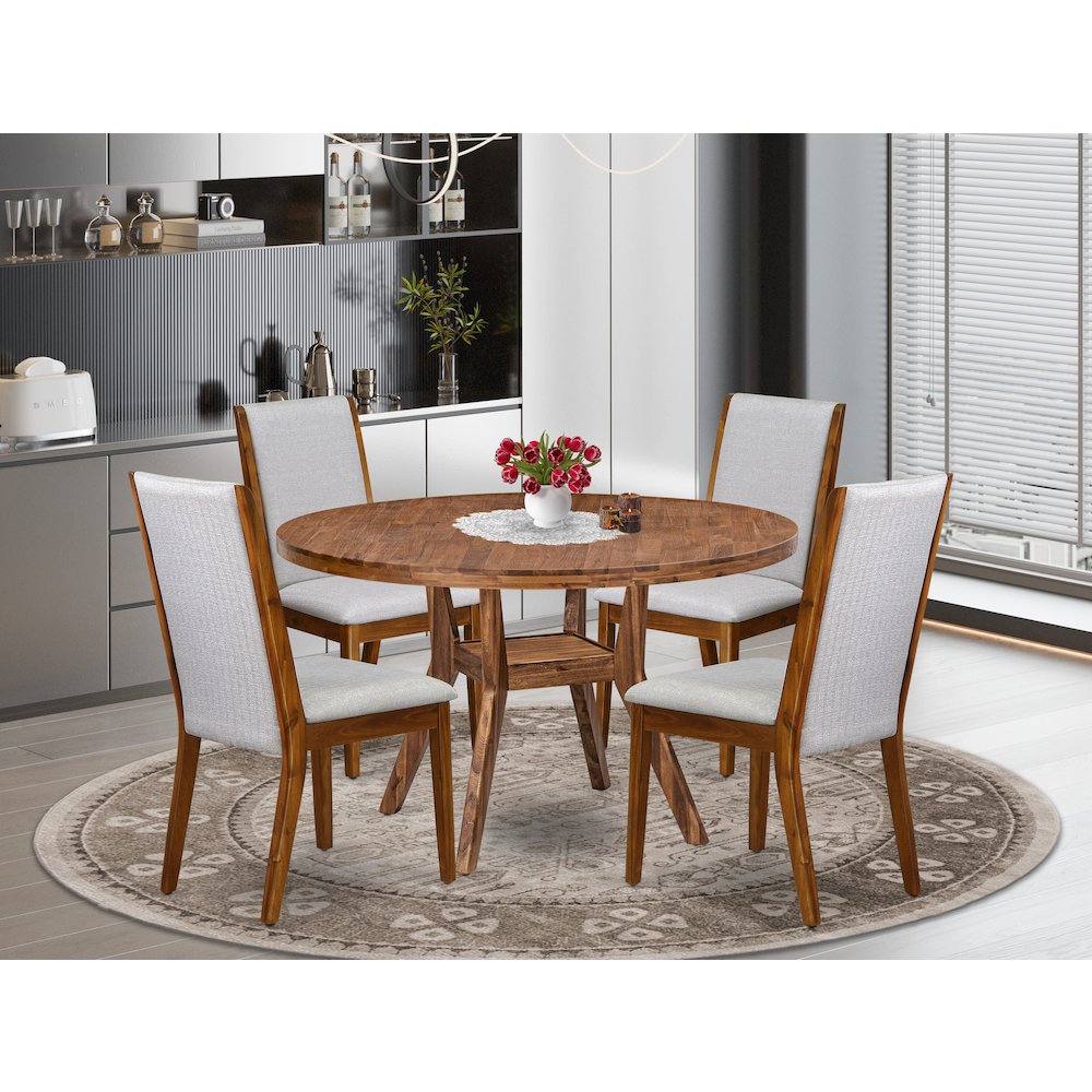 5-Pc Kitchen Set A Pedestal Dining Table, 4 Grey Linen Fabric Parson Chairs. Picture 2