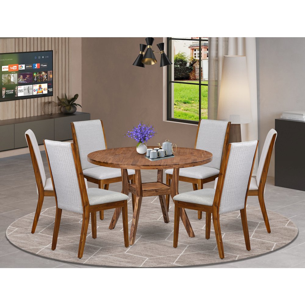 7-Pc Modern Dining Set Of A Pedestal Dinner Table, 6 Grey Fabric Dinner Chairs. Picture 2