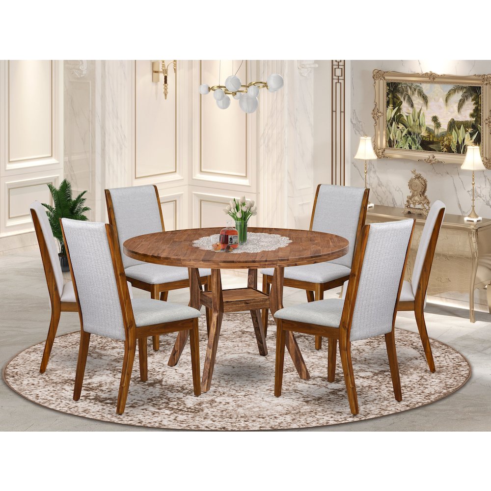7-Pc Dining Set Of A Pedestal Dinner Table, 6 Grey Linen Fabric Padded Chairs. Picture 2