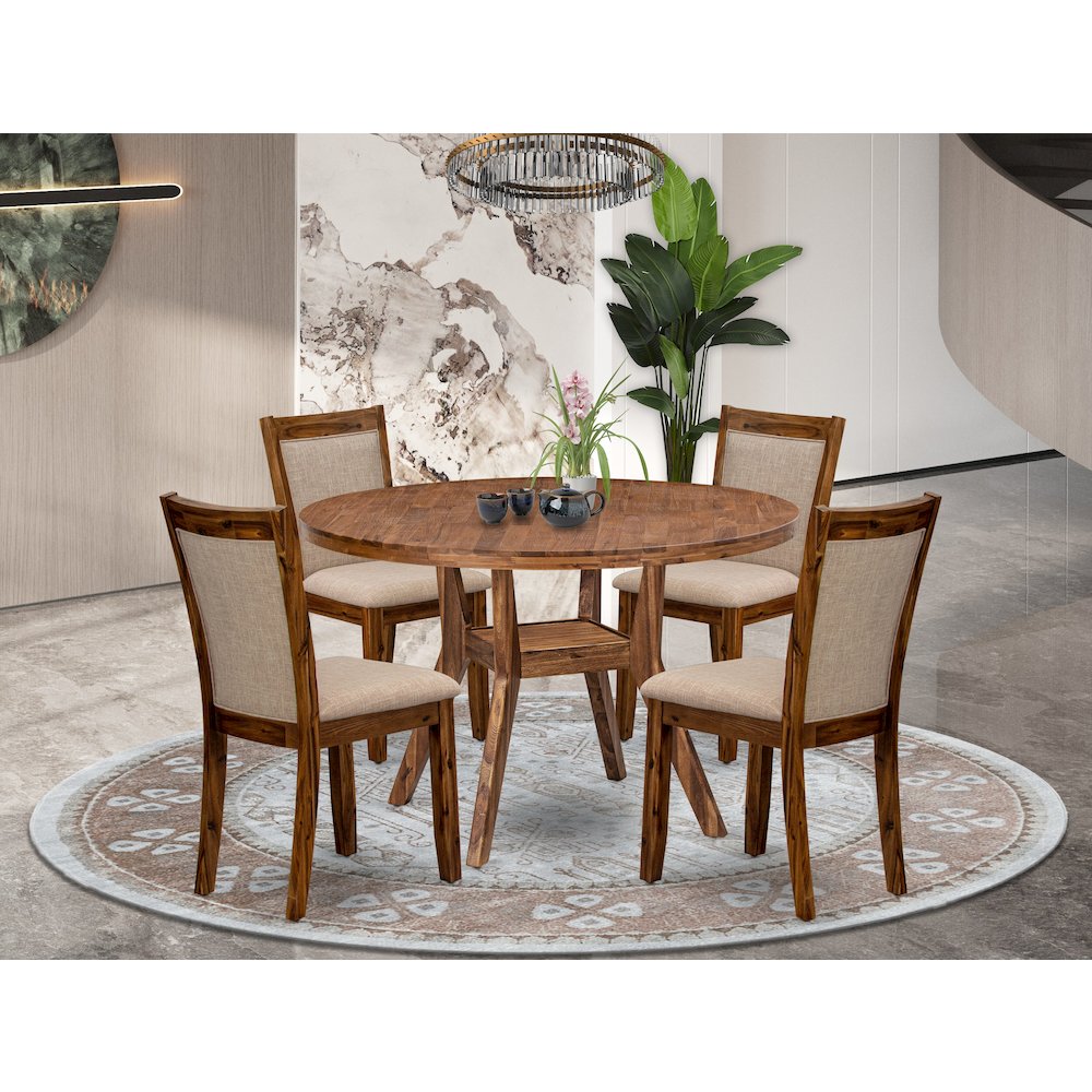 5-Pc Dining Set A Pedestal Dinner Table, 4 Light Tan Linen Fabric Kitchen Chairs. Picture 2