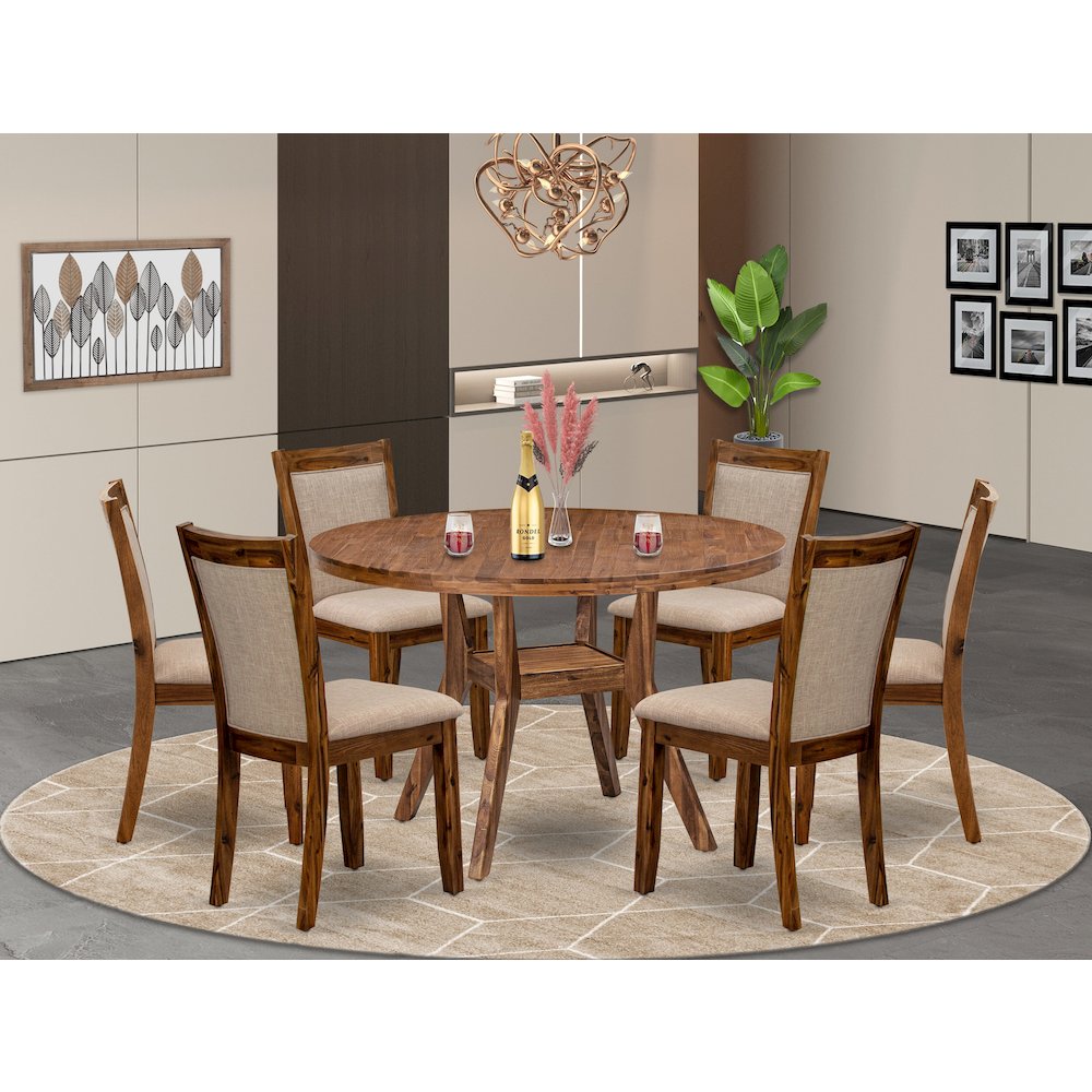 7-Pc Kitchen Set Of A Pedestal Breakfast Table, 6 Light Tan Fabric Padded Chairs. Picture 2