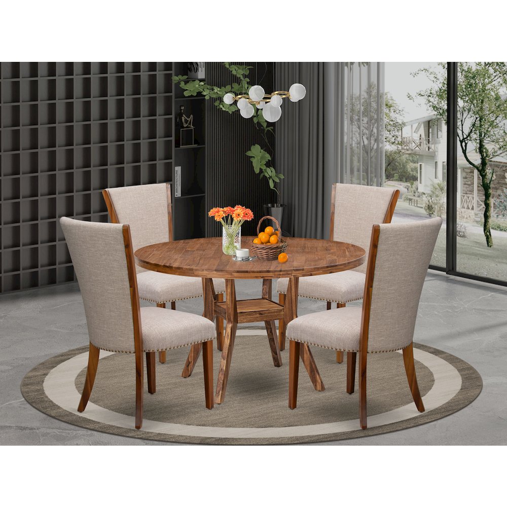 5 Piece Dining Set For 4 Contains 54" Round Table In Light Tan Color. Picture 2