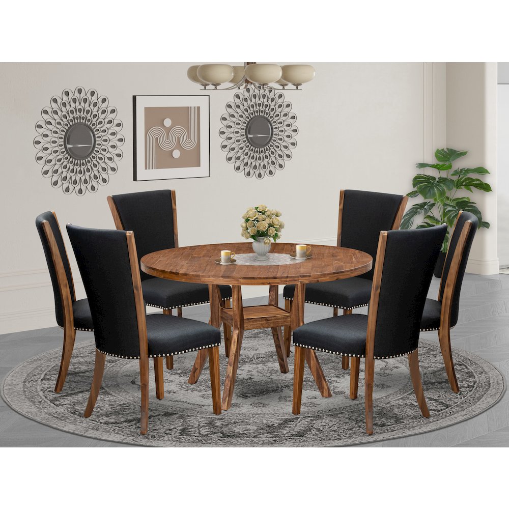 7 Piece Dining Table Set Contains 54" Round Kitchen Table In Black Color. Picture 2