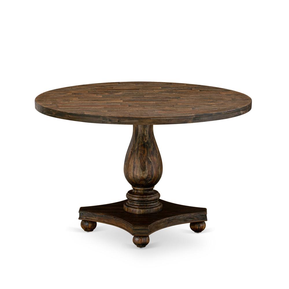East West Furniture IRVING Round Dining Table with Pedestal - Rustic Rubberwood Table in Distressed Jacobean Finish, 48 Inch. Picture 1