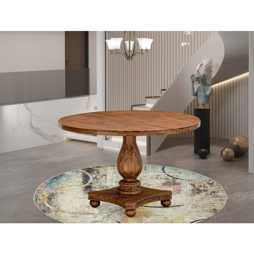 East West Furniture IRVING Round Dining Table with Pedestal, Rustic Rubberwood Table in Sandblasting Antique Walnut Finish 48 Inch. Picture 2