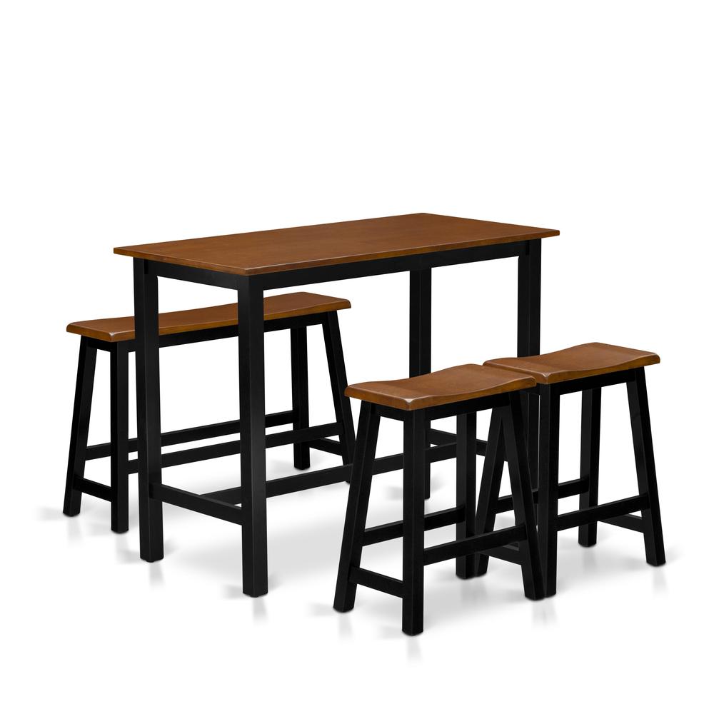 East West Furniture 4 Piece Kitchen Dining Table Set Contains a Dining Room Table, 2 Stools with a Dining Table Bench - Black & Cherry Finish. Picture 1