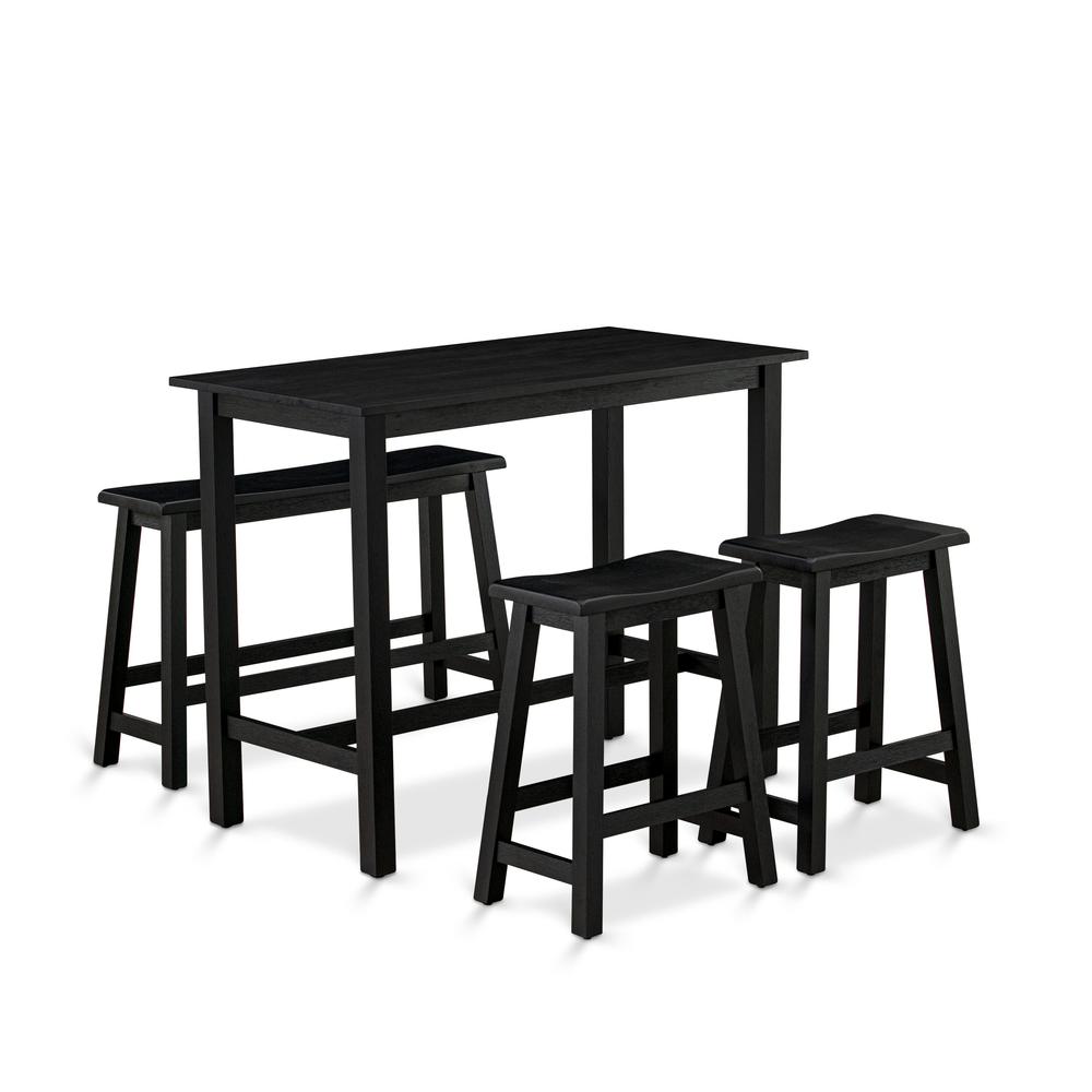 East West Furniture 4 Piece Dining Room Table Sets Includes a Wood Dining Table, 2 Kitchen Stools with a Mid Century Modern Bench - Wire brushed Black Finish. Picture 1