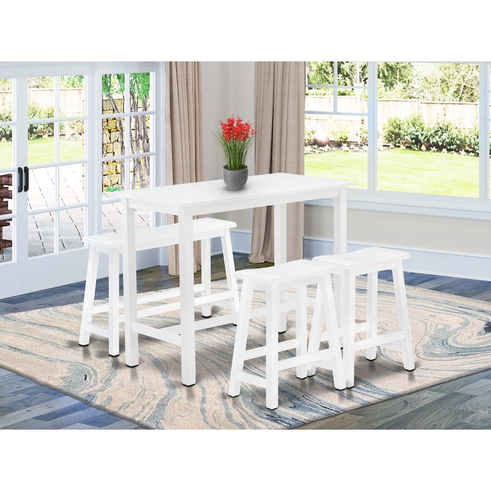 East West Furniture 4 Piece Mid Century Dining Set Contains a Dining Table, 2 Kitchen Stools with a Kitchen Bench - Wire Brushed Bright White Finish. Picture 2
