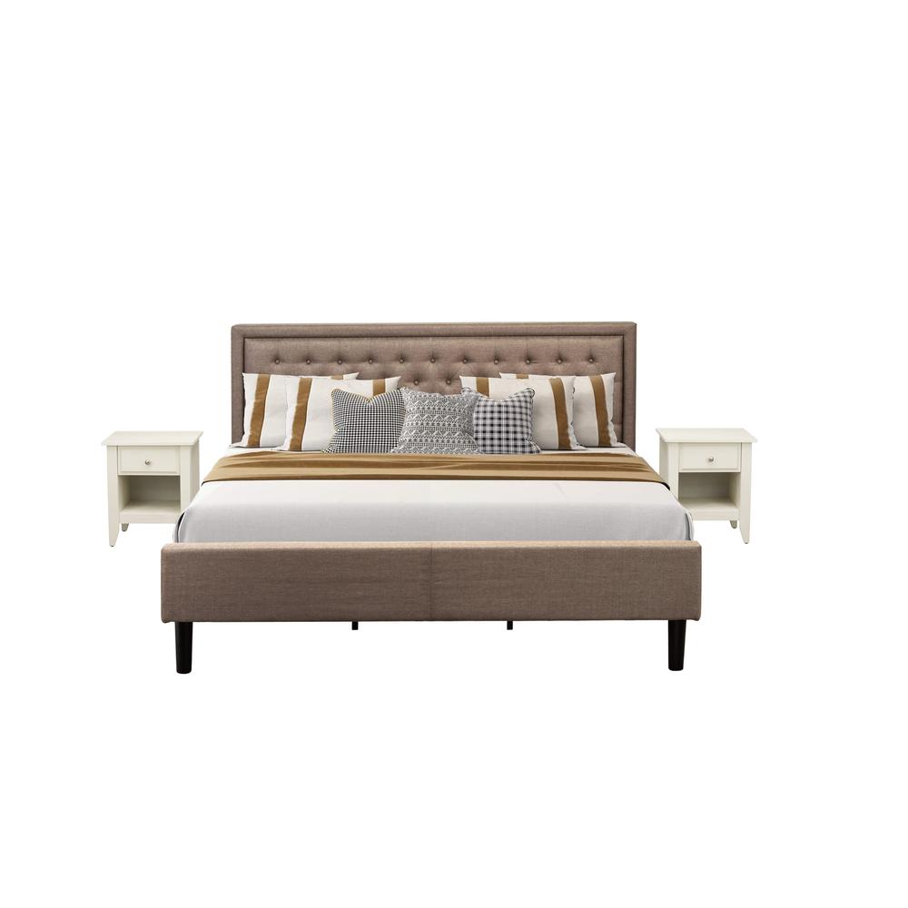 KD16K-2GA0C 3 Piece Bed Set - King Bed Dark Khaki Headboard with 2 Mid Century Nightstand - Black Finish Legs. Picture 1