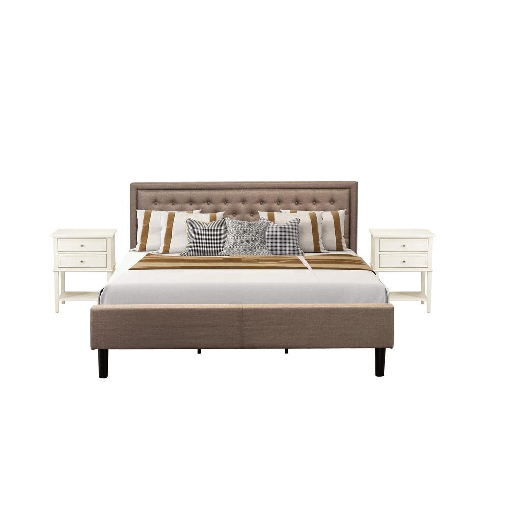 KD16K-2VL0C 3 Pc Bedroom Set - Wooden Bed Dark Khaki Headboard with 2 Wood Night Stand - Black Finish Legs. Picture 1