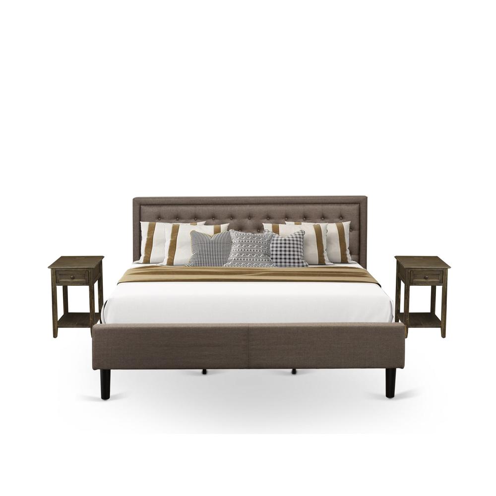 KD18K-2DE07 3 Piece King Size Bed Set - Platform Bed Brown Headboard with 2 Night Stand - Black Finish Legs. Picture 1