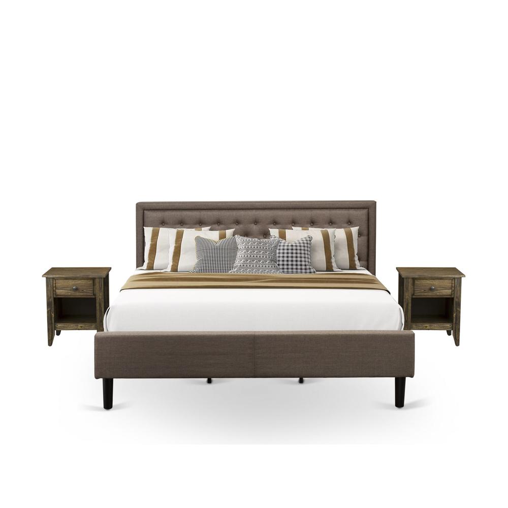 KD18K-2GA07 3 Piece King Bed Set - Wooden Bed Frame Brown Headboard with 2 Night Stands - Black Finish Legs. Picture 1