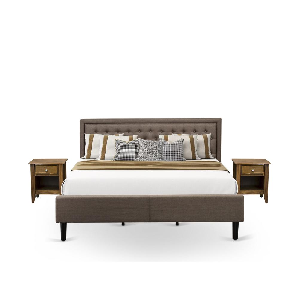KD18K-2GA08 3 Piece Bedroom Set - King Platform Bed Brown Headboard with 2 Night Stand - Black Finish Legs. Picture 1