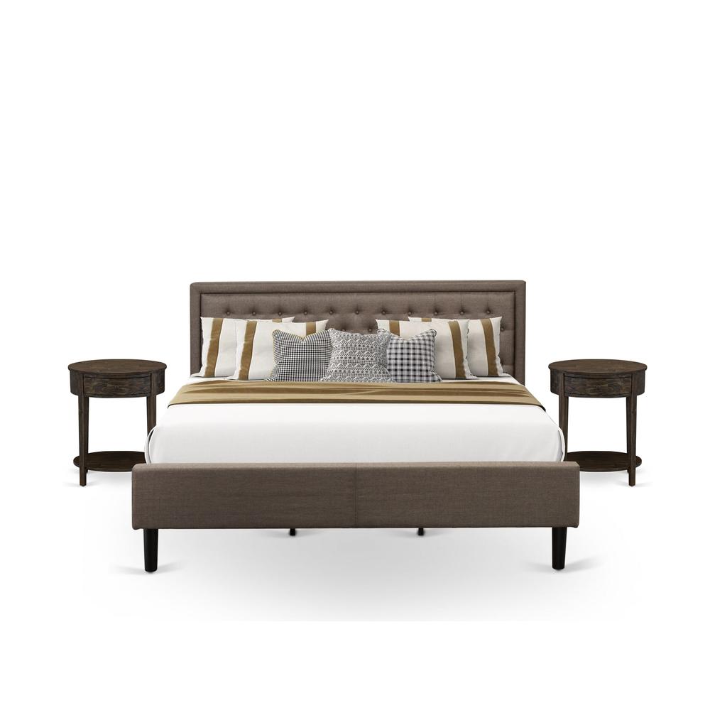 KD18K-2HI07 3 Piece King Bedroom Set - King Bed Brown Headboard with 2 Wooden Nightstand - Black Finish Legs. Picture 1
